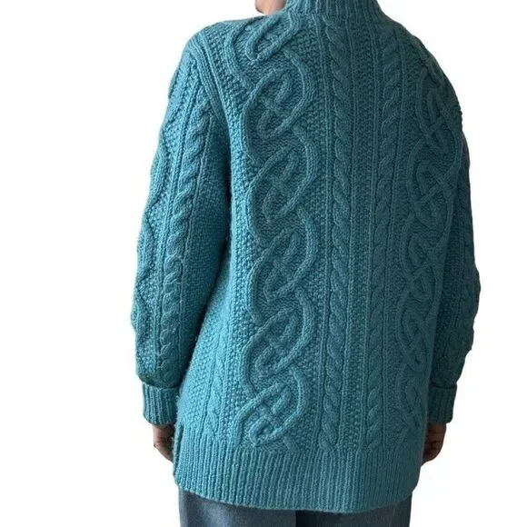Vintage Womens Teal Blue 100% Wool Chunky Fisherman Celtic Cardigan Sz L - Picture 6 of 6